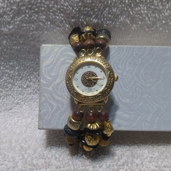 LA Express Quartz Watch Multi-Color Beads Gold Frame New Battery Women Great - Picture 2 of 11